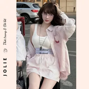 Set Đồ Bộ Áo Croptop & Áo Sơ Mi Kèm Váy Dáng Thể Thao Kẻ Sọc Nữ Tính Form Chuẩn Năng Động Cá Tính JOLIE
