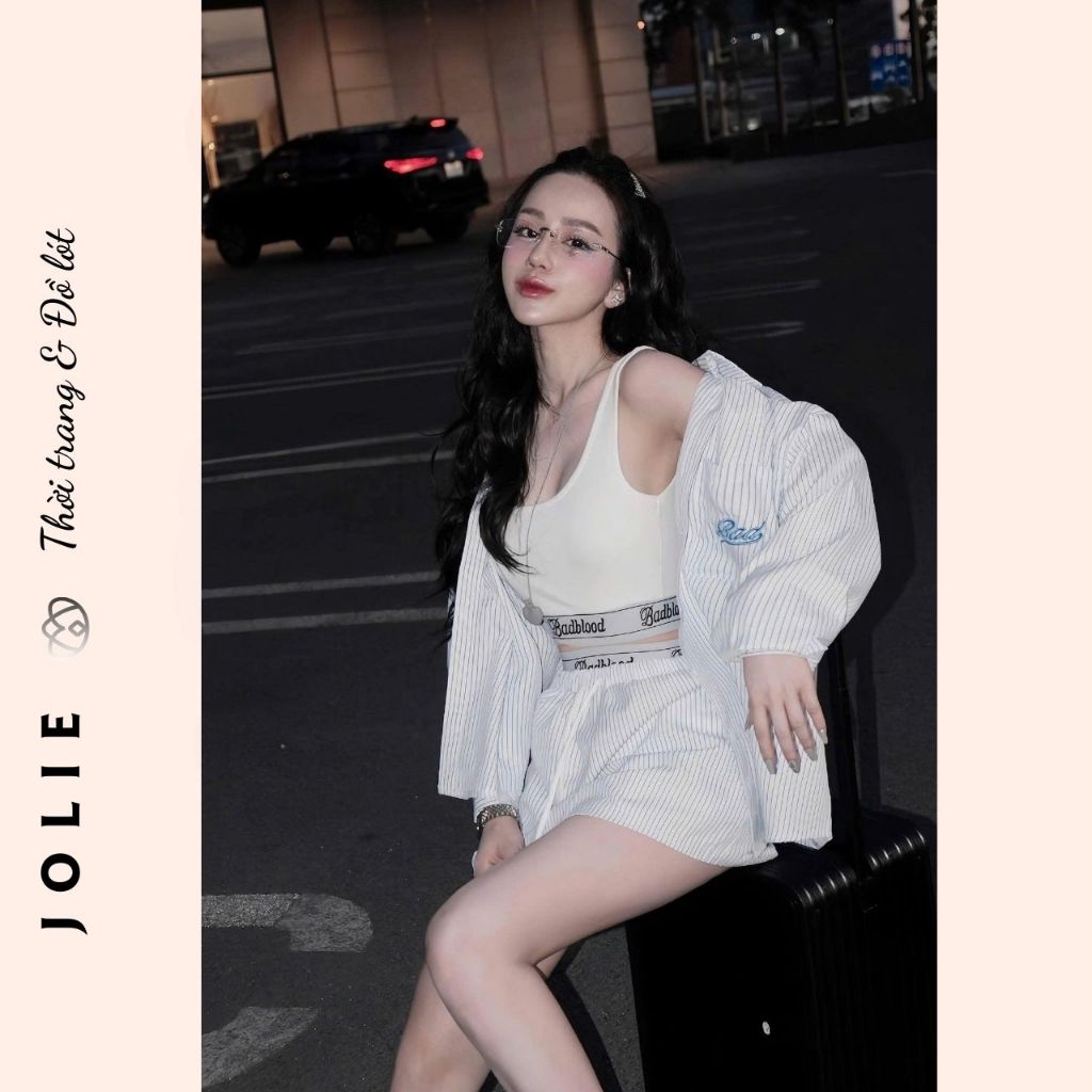 Set Đồ Bộ Áo Croptop & Áo Sơ Mi Kèm Váy Dáng Thể Thao Kẻ Sọc Nữ Tính Form Chuẩn Năng Động Cá Tính JOLIE