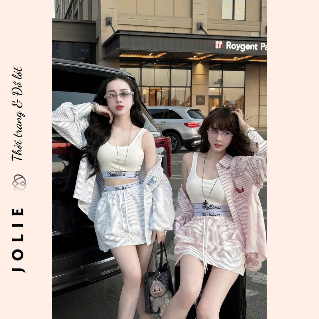 Set Đồ Bộ Áo Croptop & Áo Sơ Mi Kèm Váy Dáng Thể Thao Kẻ Sọc Nữ Tính Form Chuẩn Năng Động Cá Tính JOLIE