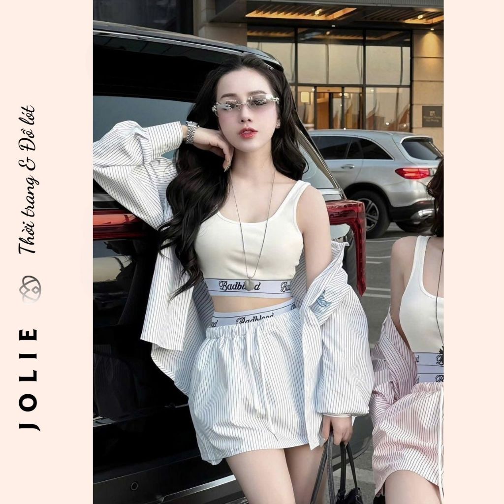 Set Đồ Bộ Áo Croptop & Áo Sơ Mi Kèm Váy Dáng Thể Thao Kẻ Sọc Nữ Tính Form Chuẩn Năng Động Cá Tính JOLIE