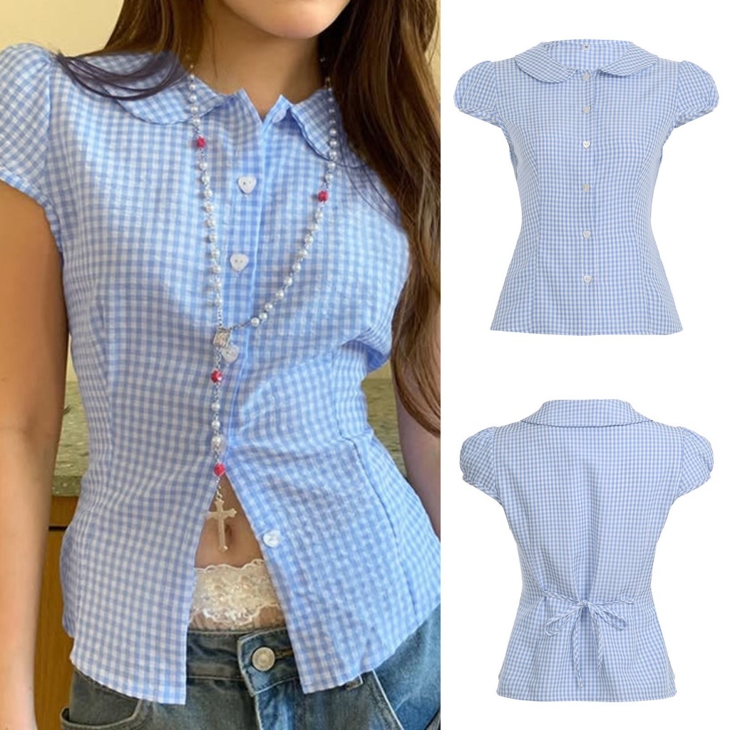 (sẵn)Áo sơ mi ngắn tay cổ sen kẻ caro xanh pastel cỡ vừa chiết eo ASM016 - Tiktik
