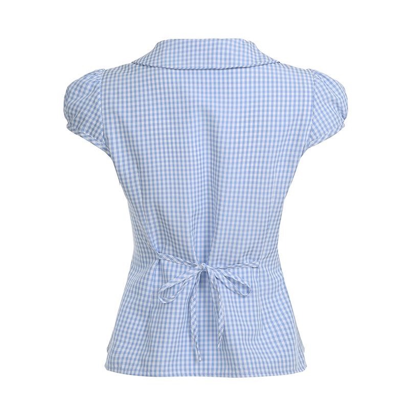 (sẵn)Áo sơ mi ngắn tay cổ sen kẻ caro xanh pastel cỡ vừa chiết eo ASM016 - Tiktik