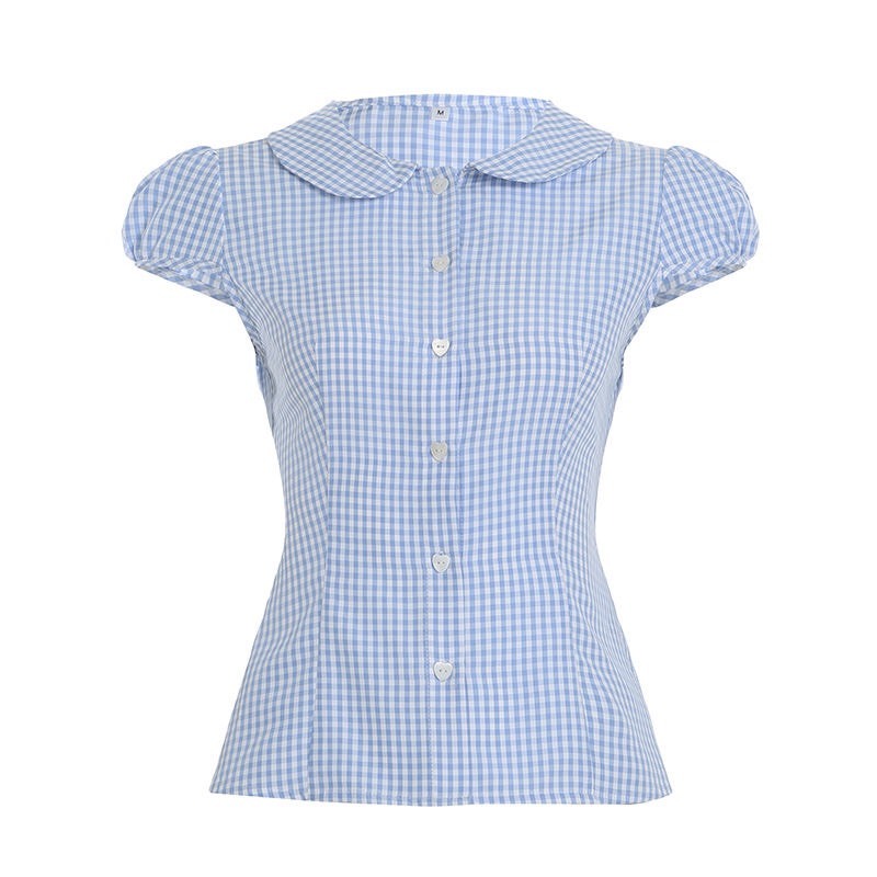 (sẵn)Áo sơ mi ngắn tay cổ sen kẻ caro xanh pastel cỡ vừa chiết eo ASM016 - Tiktik