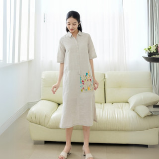 SWANLAKE | Váy Đầm Nữ Midi Sơ Mi Cài Nút Công Sở Thêu Hoa Vải Linen Thấm Hút Tay Ngắn Có Túi D11297