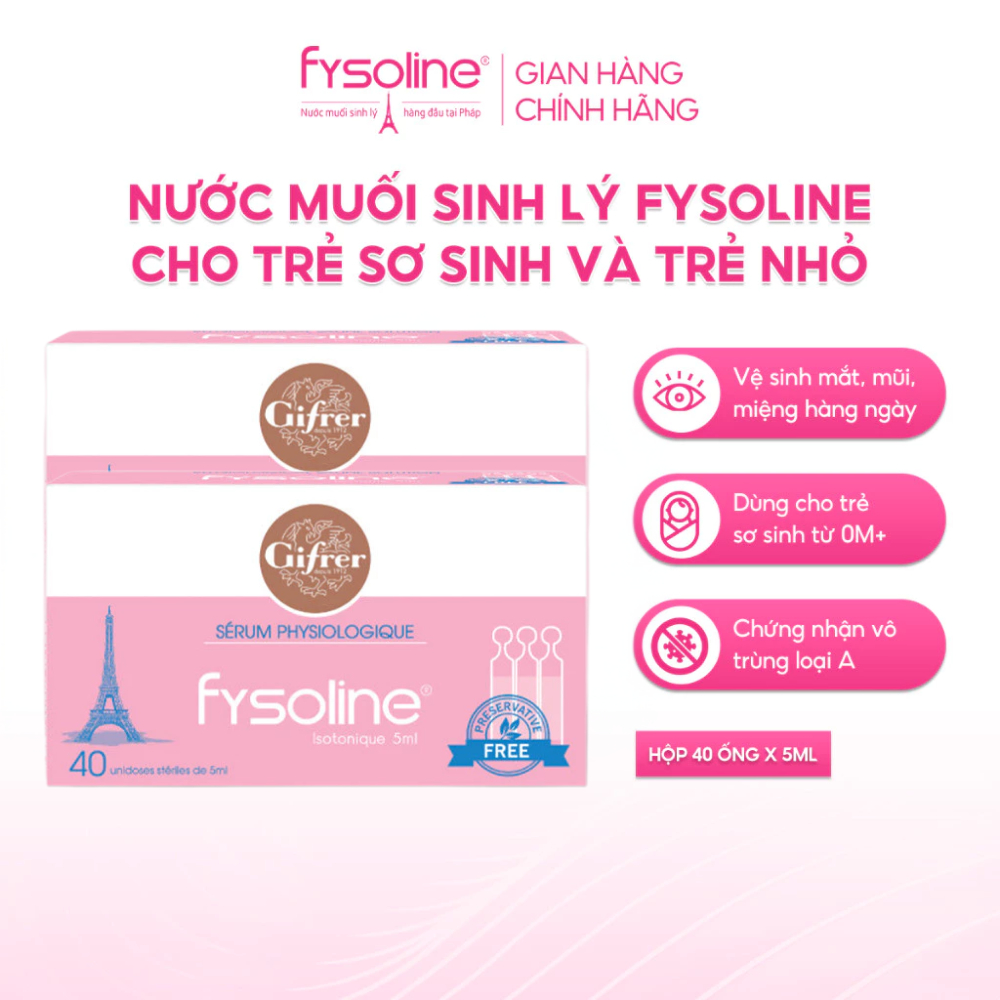 (Date T5.2027)Combo 2 Nước muối sinh lý Fysoline nhập khẩu Pháp vệ sinh mắt, mũi, miệng cho bé (Hộp hồng 40 ống x5ml)