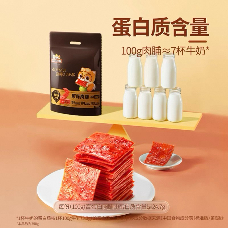 thịt lợn khô cay ngọt nguyên chất giàu protein Three Squirrels 3 con sóc