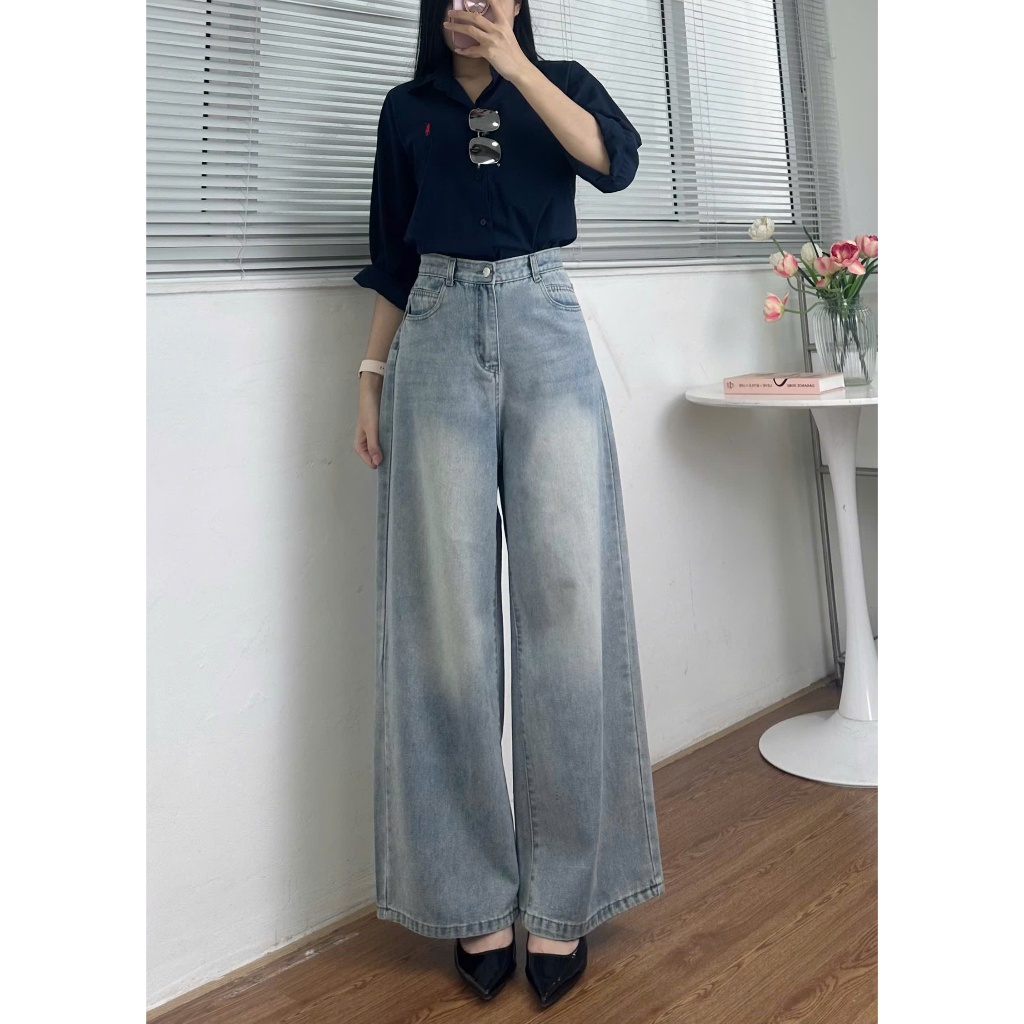 Quần jean nữ ống rộng cạp cao phong cách RETRO quần bò suông Joolate ống đứng Vintage Hàn Quốc