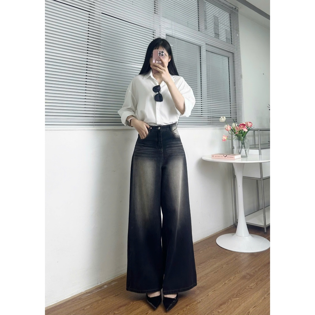 Quần jean nữ ống rộng cạp cao phong cách RETRO quần bò suông Joolate ống đứng Vintage Hàn Quốc