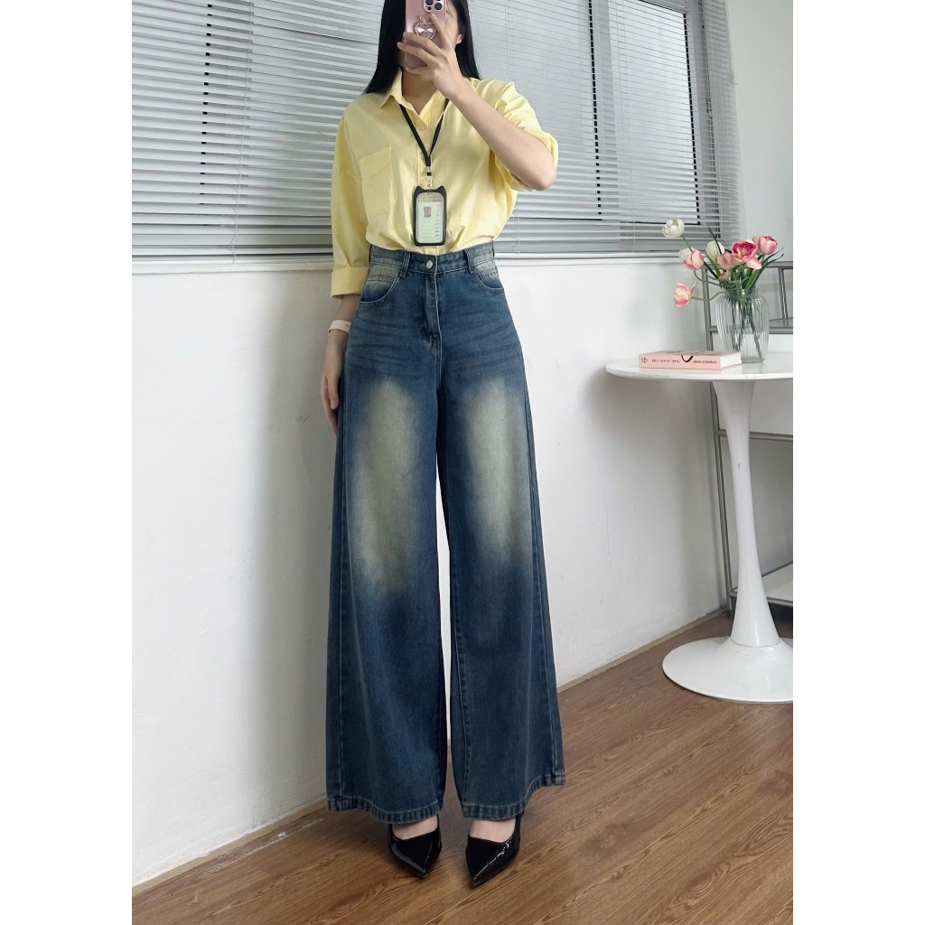 Quần jean nữ ống rộng cạp cao phong cách RETRO quần bò suông Joolate ống đứng Vintage Hàn Quốc