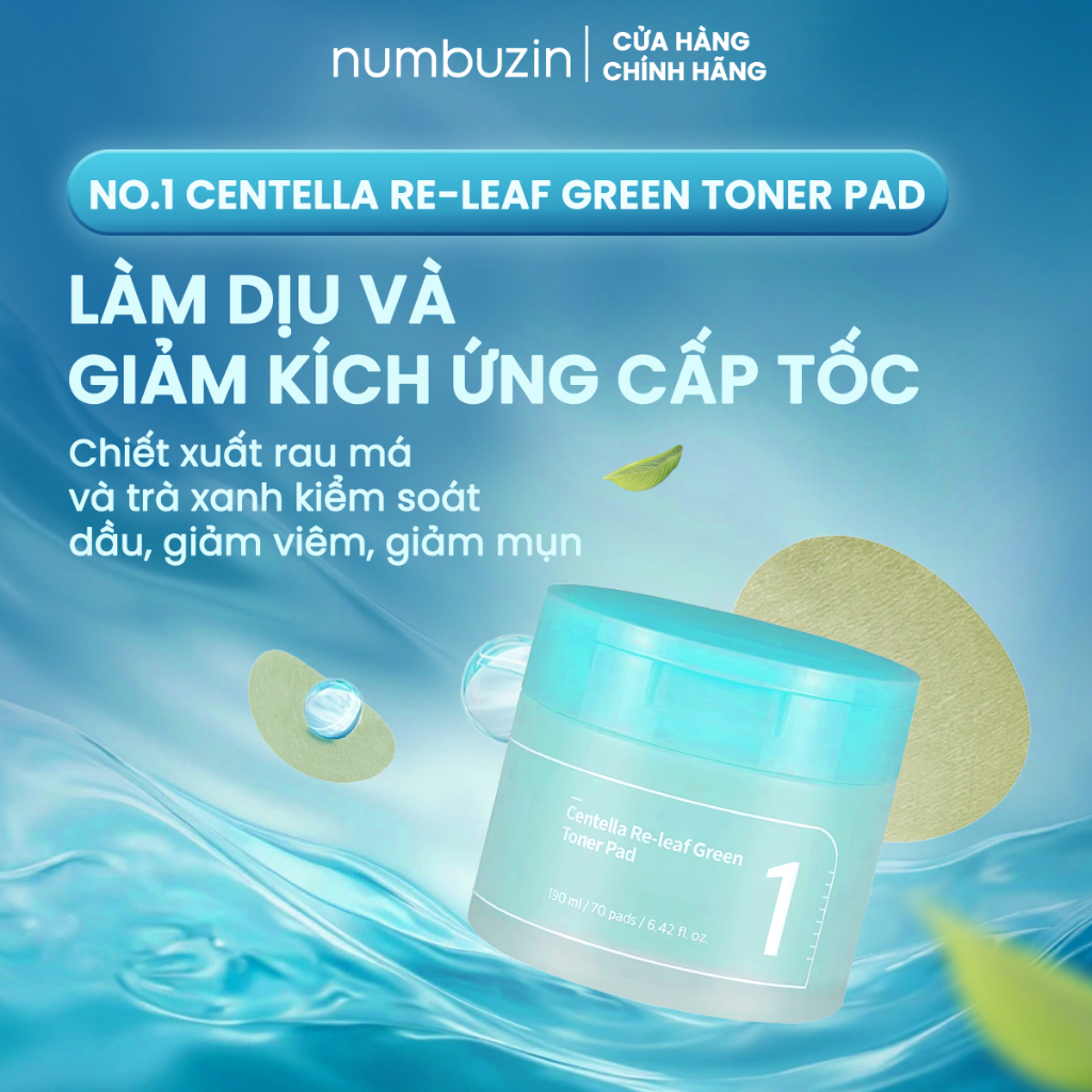 Ảnh Toner Pad Rau Má Numbuzin No.1 Centella Re-leaf Green – Thanh Lọc Làm Dịu Da, Giảm Mụn, Kiểm Soát Dầu, (190ml/70 Miếng) 1