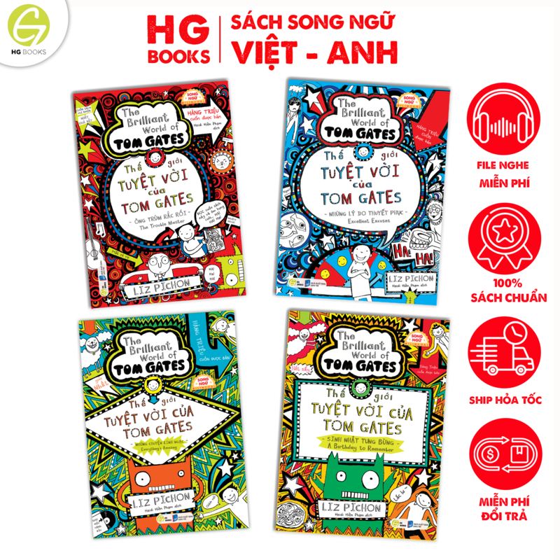 Ảnh Combo 4 cuốn Tom Gates bản tiếng Việt & Song ngữ Việt-Anh - The Brilliant World of Tom Gates series Liz Pichon 1
