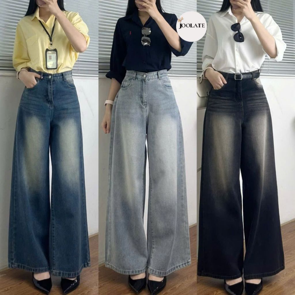 Quần jean nữ ống rộng cạp cao phong cách RETRO quần bò suông Joolate ống đứng Vintage Hàn Quốc