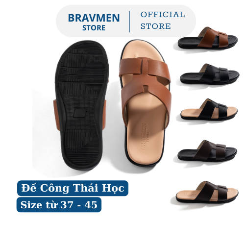 Dép Da Nam Cao Cấp Chính Hãng Bravmen K09 Thời Trang Công Thái Học, Đế mài Ombre thủ công EVA chống trơn, thiết kế chữ Y