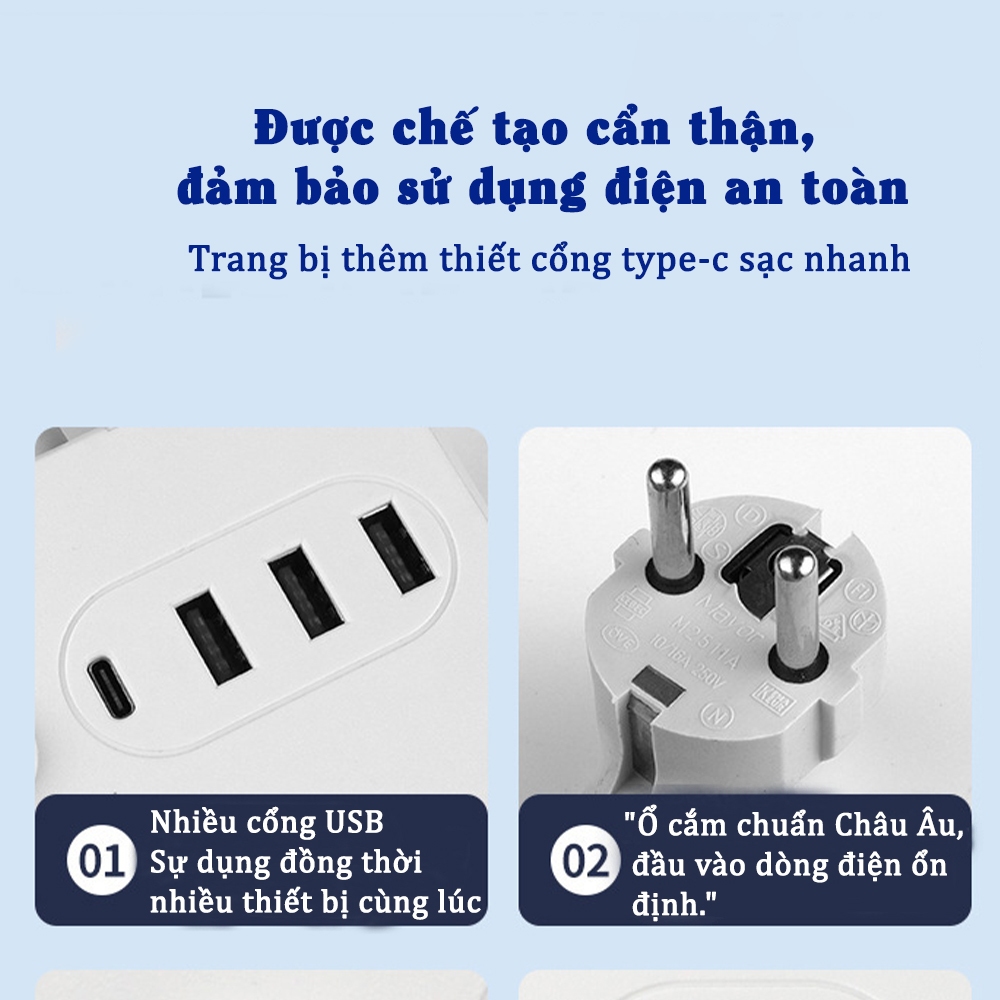Ảnh Ổ cắm điện đa năng thông minh, Sipanic 3 cổng USB 1 cổng Type-C sạc nhanh, chịu tải 2500W Dây dài 2M 2