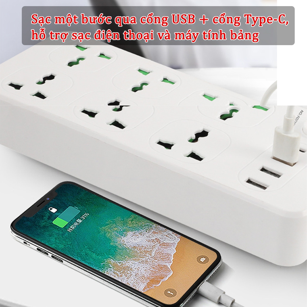 Ảnh Ổ cắm điện đa năng thông minh, Sipanic 3 cổng USB 1 cổng Type-C sạc nhanh, chịu tải 2500W Dây dài 2M 4