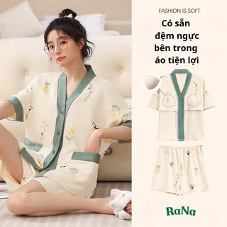 Bộ ngủ pyjama RaNa tay ngắn có đệm ngực bộ thả rông tiện lợi thoải mái mặc ở nhà hay ra ngoài