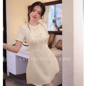 MIU.STUDIO • Váy nữ thiết kế dáng ngắn xoè đính nơ sang chảnh, Đầm cộc tay phối viền mặc đi tiệc đi chơi