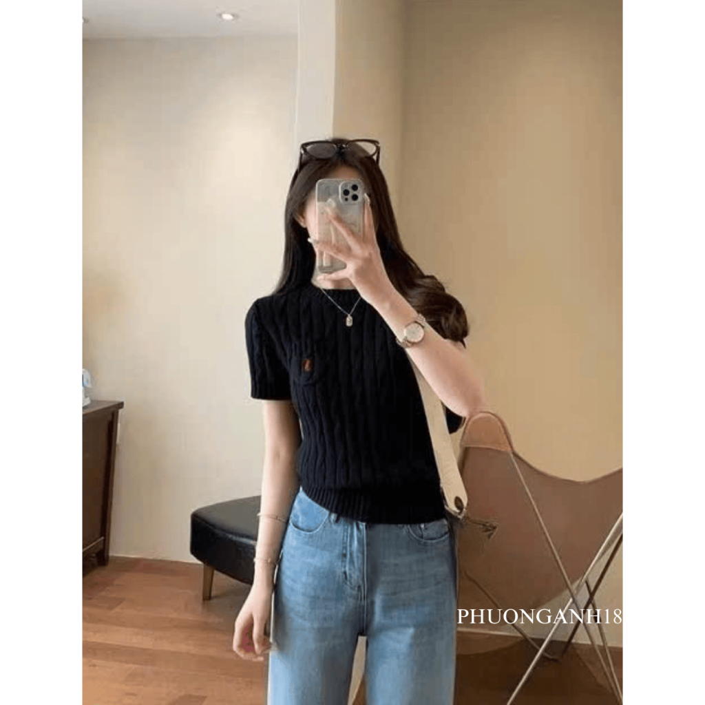 Áo len cổ tròn tay ngắn họa tiết thêu ngựa 71