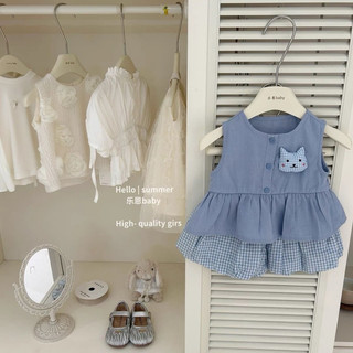 Set bộ áo babydoll thỏ + quần kẻ sọc màu xanh mùa hè cho bé