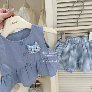 Set bộ áo babydoll thỏ + quần kẻ sọc màu xanh mùa hè cho bé
