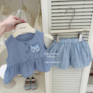 Set bộ áo babydoll thỏ + quần kẻ sọc màu xanh mùa hè cho bé