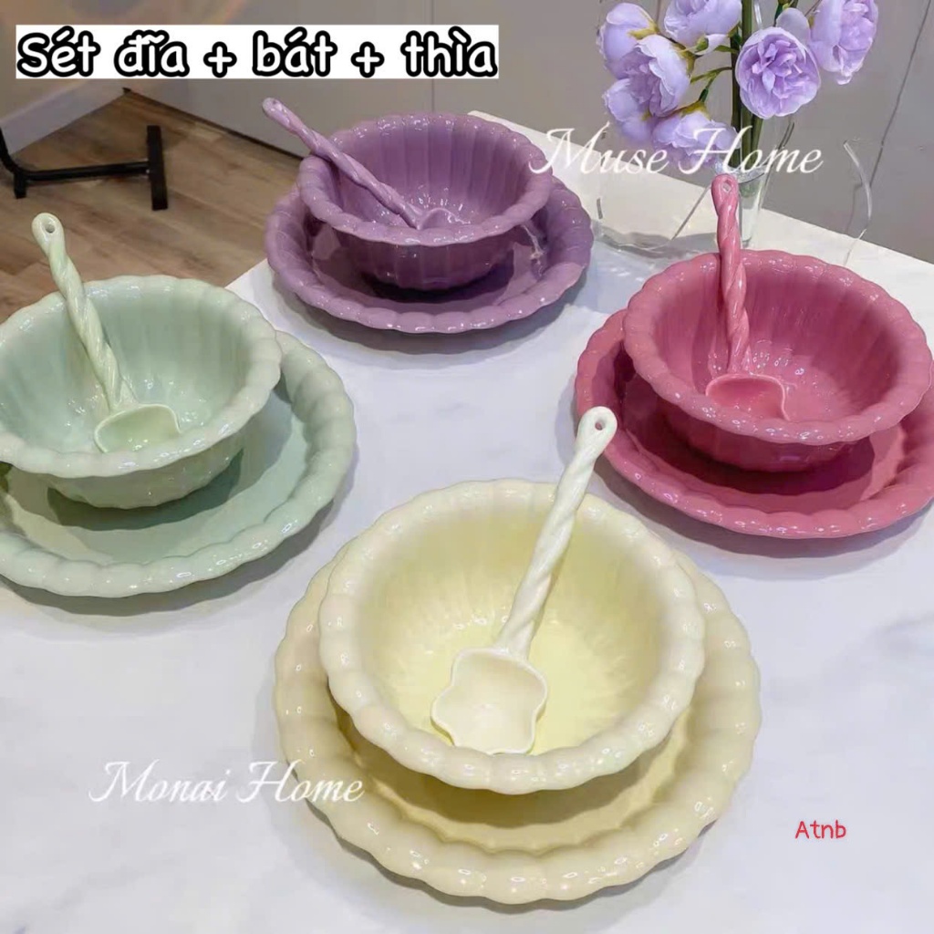 set bát đĩa 3 món màu pastel hot 2025