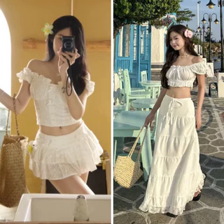 [HÀNG CÓ SẴN] SET 2 CHI TIẾT : Áo trễ vai ren boi cúp ngực mix chân váy xoè tầng , hàng cao cấp loại 1 mặc mùa hè