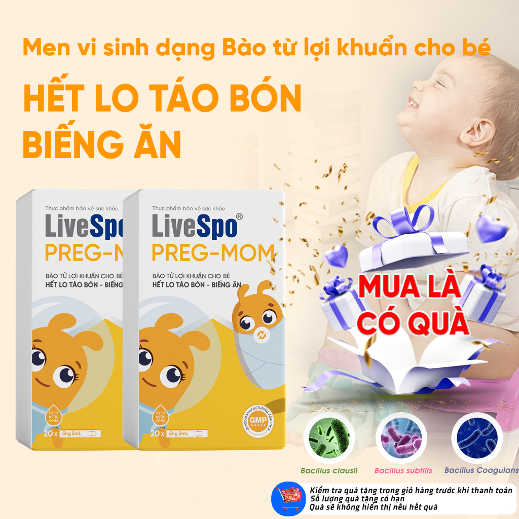 Ảnh Combo 2 hộp Men vi sinh chứa Bào tử lợi khuẩn LiveSpo Pregmom cho bé Táo bón, Biếng ăn (20 ống) 1