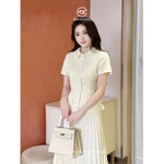 Set Váy Thanh Lịch Medechill Áo Dáng Peplum Xòe Nhẹ, Áo Cổ Đức, Tay Áo Ngắn Bồng Nhẹ, Chân Váy Midi dáng Xòe Xếp Ly S851 — ảnh 5