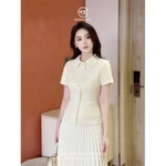 Set Váy Thanh Lịch Medechill Áo Dáng Peplum Xòe Nhẹ, Áo Cổ Đức, Tay Áo Ngắn Bồng Nhẹ, Chân Váy Midi dáng Xòe Xếp Ly S851 — ảnh 4