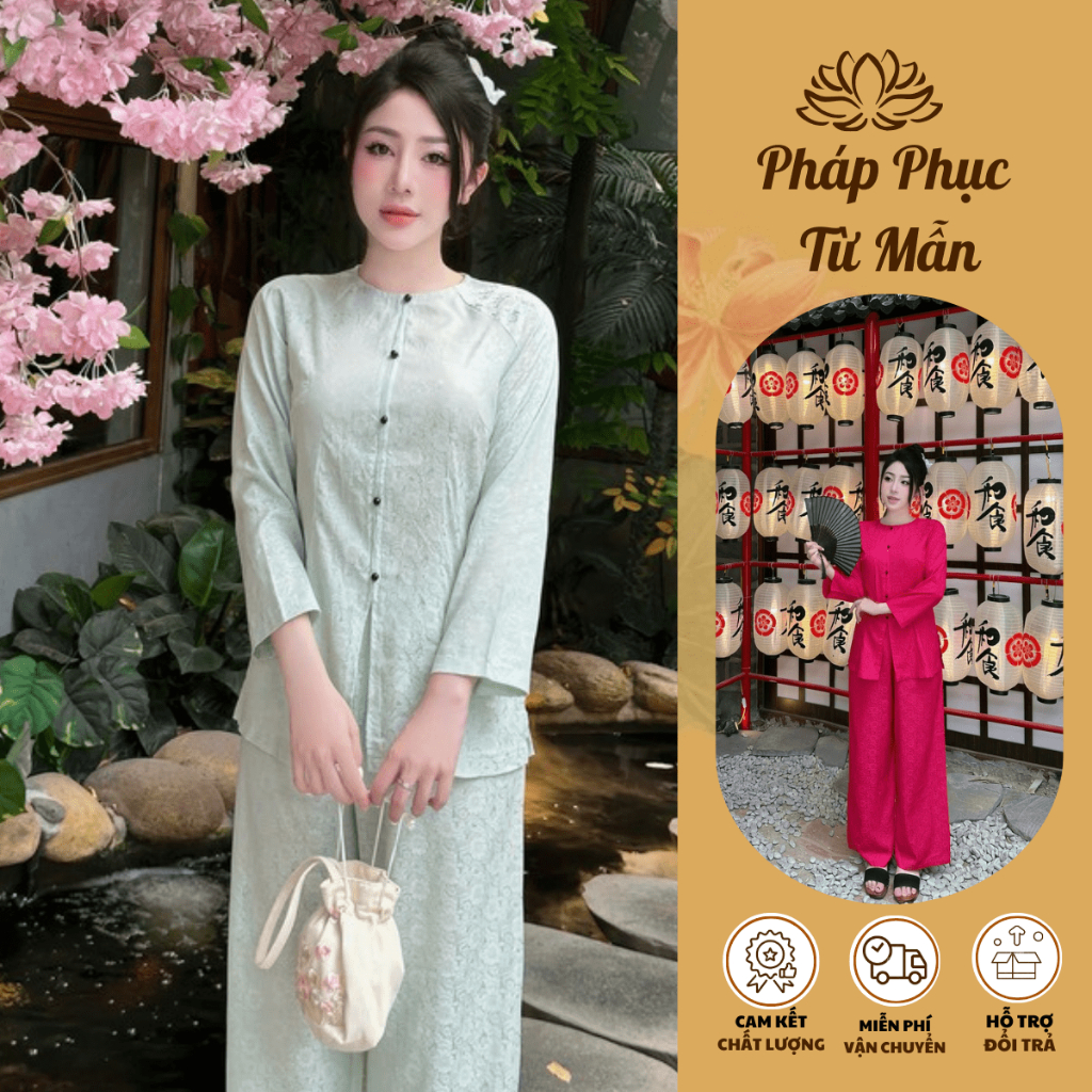 Bộ bà ba cách tân tiểu thư cổ tròn lụa gấm hoa Pháp phục đi chùa dài tay đính cúc ngọc Đồ bộ đi lễ gấm mềm Duyên dáng