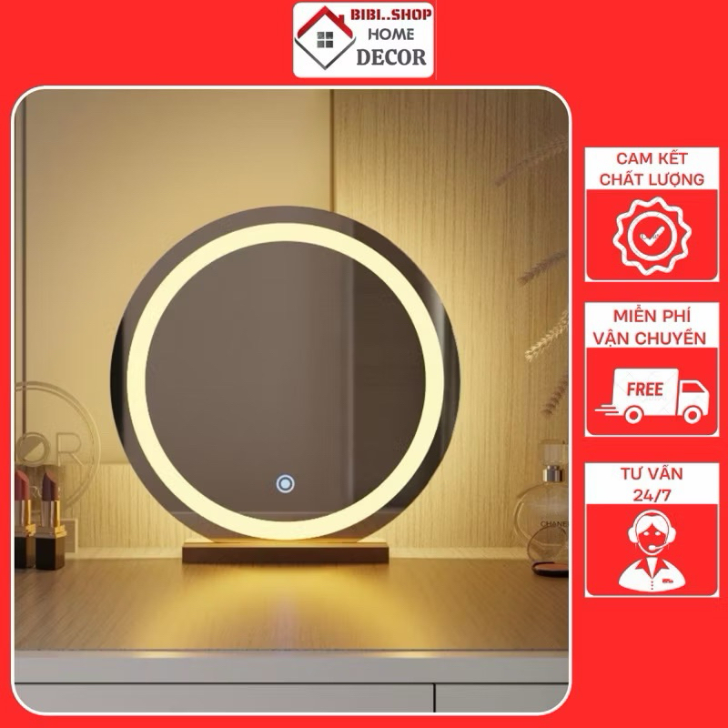 Gương để bàn trang điểm, Gương để bàn đèn led cảm ứng chạm chân đế gỗ chắc chắn