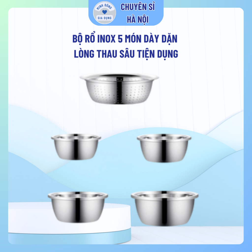 Bộ Thau Rổ Inox Nhà Bếp 5 Món Bằng Inox Đủ Size Từ 18 - 26Cm Tiện Dụng ...