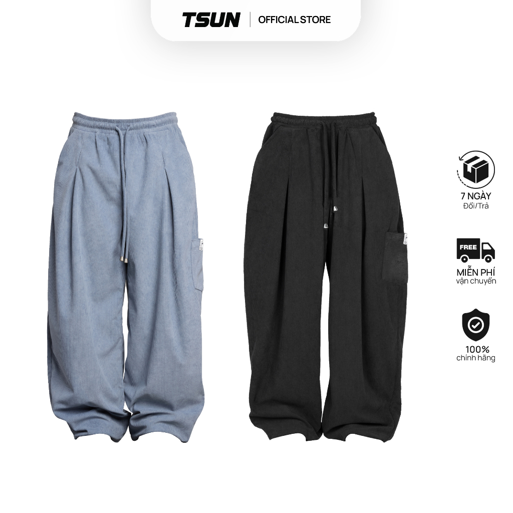 Ảnh Quần Dài Ống Rộng Vải Nhung Tâm - Brand TSUN Chính Hãng [UNISEX] Thêu Túi Sau 1