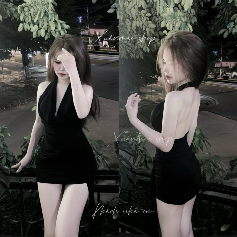 XuanMaishop Đầm ôm cổ đổ rút hông ngang lưng đệm mút nhúm hông Xuân Mai Shop