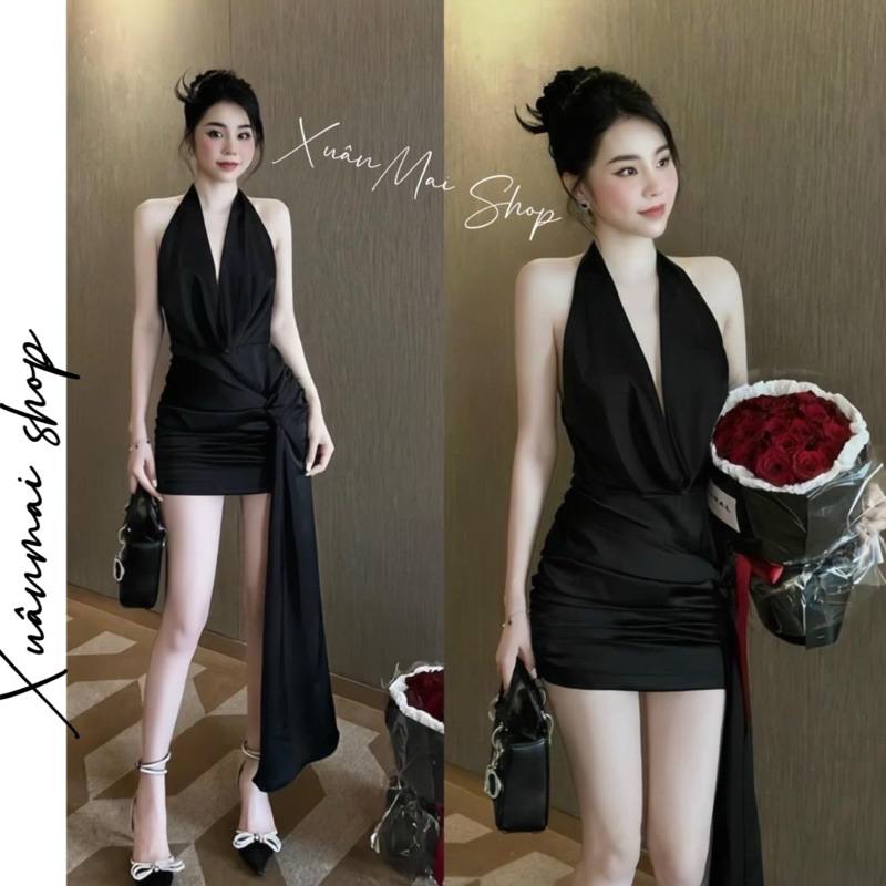 XuanMaishop Đầm ôm cổ đổ rút hông ngang lưng đệm mút nhúm hông Xuân Mai Shop