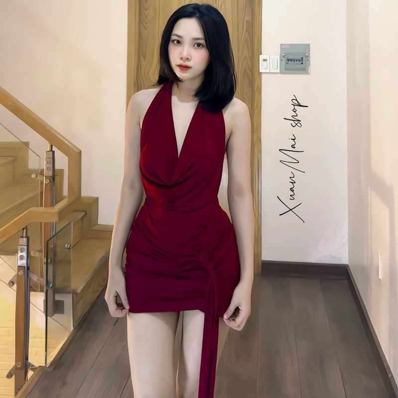 XuanMaishop Đầm ôm cổ đổ rút hông ngang lưng đệm mút nhúm hông Xuân Mai Shop
