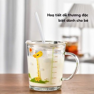 CỐC TẬP UỐNG DỄ THƯƠNG DUNG TÍCH 350ML - Ly Chia Vạch Thuỷ Tinh Cao Cấp,Cốc Pha Sữa Có Ống Hút Chất Liệu An Toàn