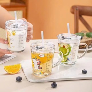 CỐC TẬP UỐNG DỄ THƯƠNG DUNG TÍCH 350ML - Ly Chia Vạch Thuỷ Tinh Cao Cấp,Cốc Pha Sữa Có Ống Hút Chất Liệu An Toàn