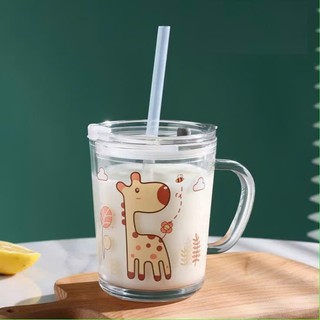 CỐC TẬP UỐNG DỄ THƯƠNG DUNG TÍCH 350ML - Ly Chia Vạch Thuỷ Tinh Cao Cấp,Cốc Pha Sữa Có Ống Hút Chất Liệu An Toàn