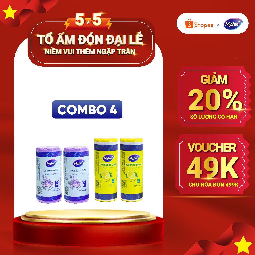 Combo 4 TÚI RÁC TÍM Túi Rác Có Quai MyJae, Tự Phân Hủy, Dạng Cuộn 2 ...