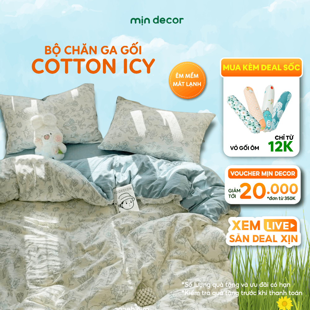 Ảnh Bộ Chăn Ga Gối Cotton Icy Vintage Mịn Decor Bo Chun 10cm, Bộ Ga Trải Giường Đủ Size (Không Kèm Ruột Chăn) 1