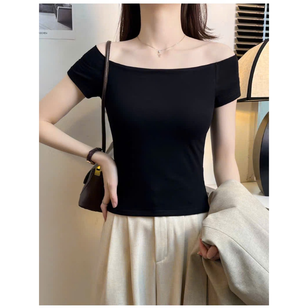 [CÓ SIZE] Áo Trễ Vai Ngắn Tay Dáng Vừa RANSHI Thiết Kế Bẹt Vai Ôm Body Mặc Đi Chơi Đi Cà Phê Chất Thun Gân - RA309