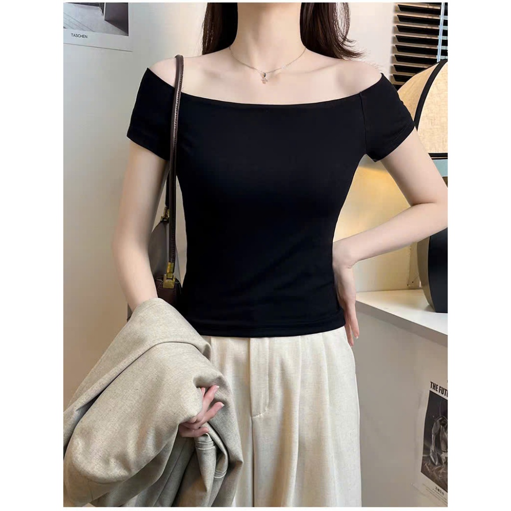 [CÓ SIZE] Áo Trễ Vai Ngắn Tay Dáng Vừa RANSHI Thiết Kế Bẹt Vai Ôm Body Mặc Đi Chơi Đi Cà Phê Chất Thun Gân - RA309