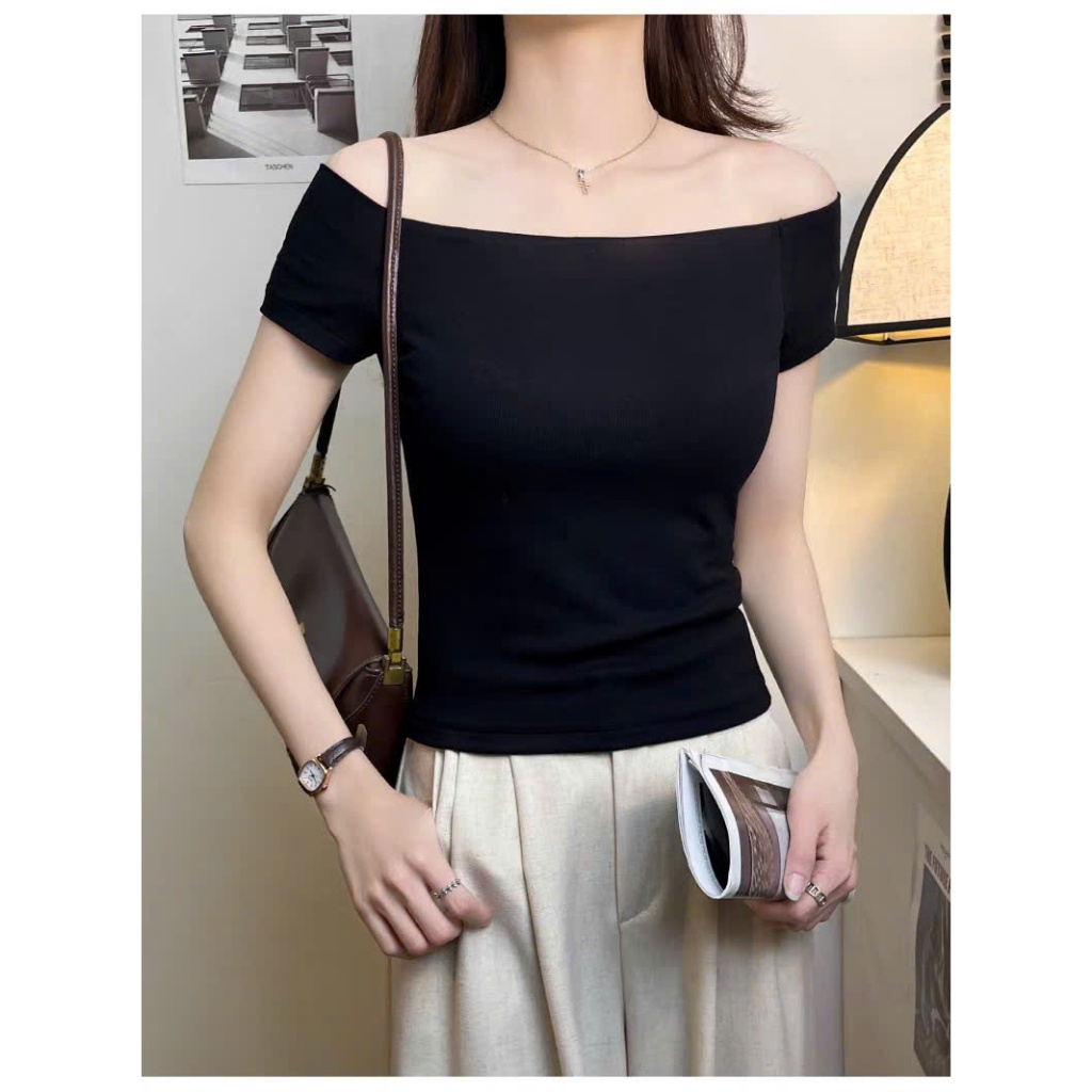 [CÓ SIZE] Áo Trễ Vai Ngắn Tay Dáng Vừa RANSHI Thiết Kế Bẹt Vai Ôm Body Mặc Đi Chơi Đi Cà Phê Chất Thun Gân - RA309