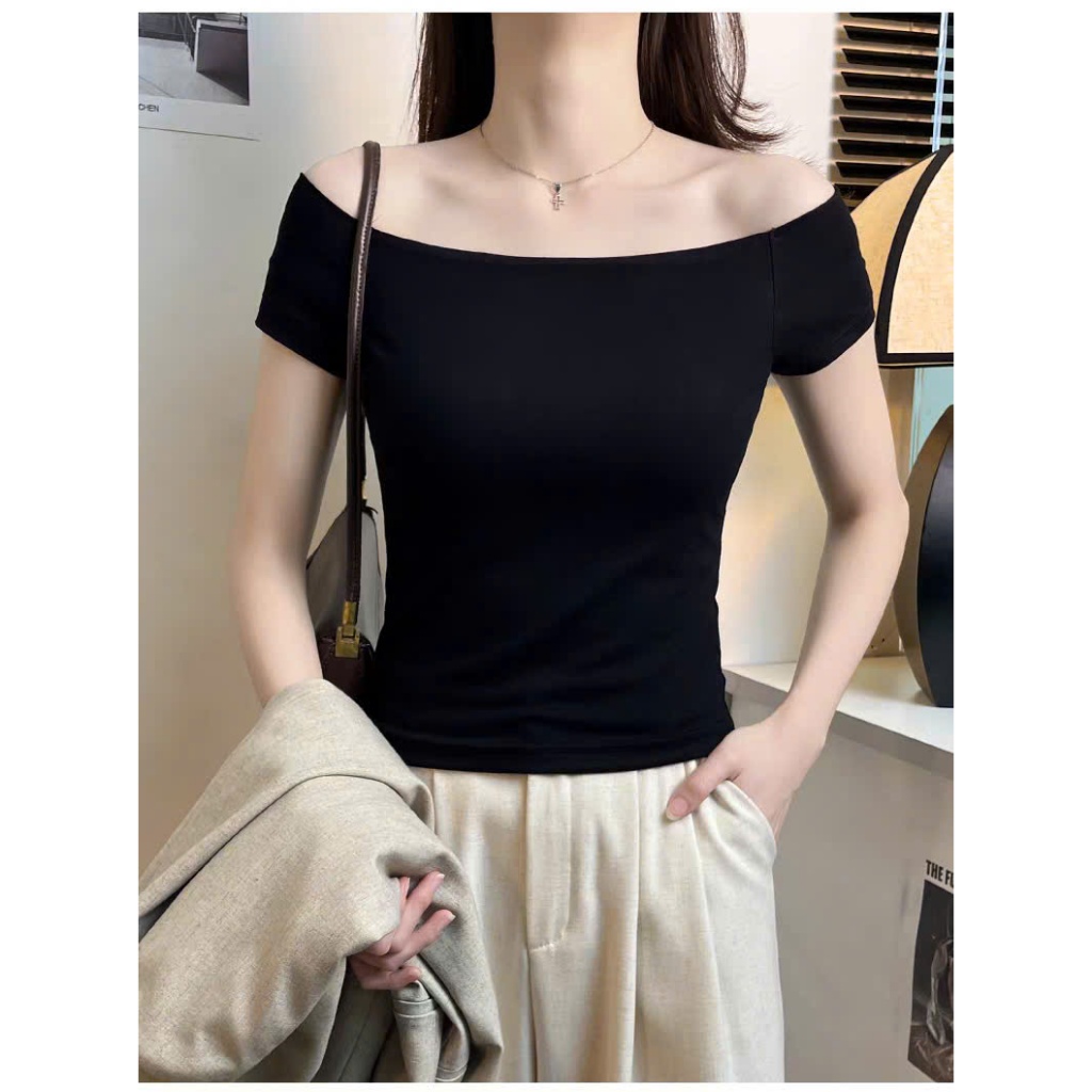 [CÓ SIZE] Áo Trễ Vai Ngắn Tay Dáng Vừa RANSHI Thiết Kế Bẹt Vai Ôm Body Mặc Đi Chơi Đi Cà Phê Chất Thun Gân - RA309