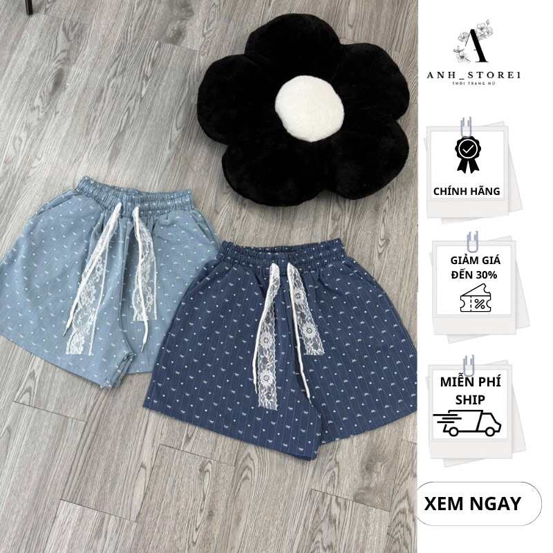 Quần Short Bò Giấy Hoạ Tiết Tim Nơ Mềm Mịn Mát Dây Ren