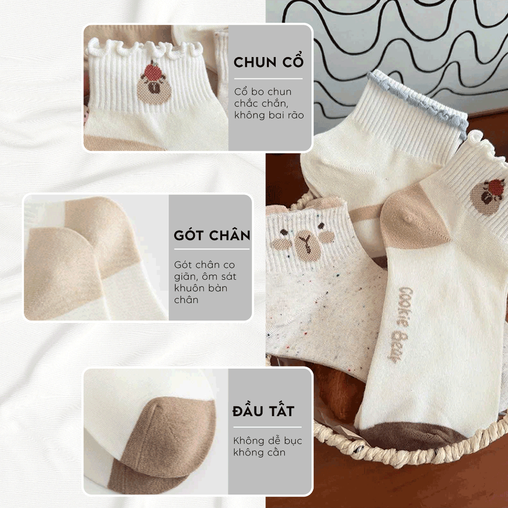 Tất vớ nữ cổ ngắn họa tiết capybara dễ thương, chất liệu mềm mịn co giãn thoáng khí - Ekiu Shop