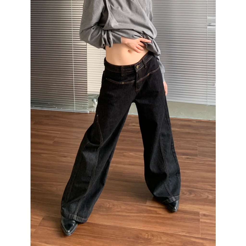 (SẴN) Quần jean cạp trễ ống suông màu đen viền chỉ nâu QJ006 - Tiktik