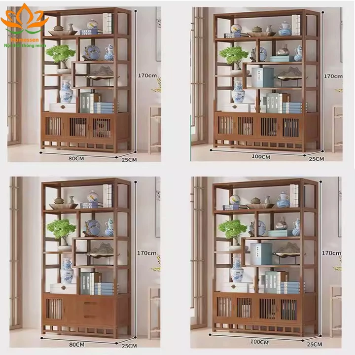 Kệ trang trí decor phòng khách làm vách ngăn bằng gỗ tre 1m7, Tủ để đồ phòng khách để sách báo đồ decor trưng bày